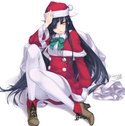 Rule 34 | 10s, 1girl, ankle boots, black hair, boots, breasts, christmas, cross-laced footwear, dated, full body, hair over one eye, hat, hayashimo (kancolle), high heel boots, high heels, kantai collection, lace-up boots, legs, long hair, on floor, pantyhose, rokuwata tomoe, sack, santa costume, santa hat, signature, simple background, sitting, small breasts, solo, very long hair, white background, white pantyhose, yellow eyes