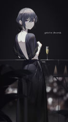 Rule 34 | 1girl, absurdres, alcohol, ass, backless dress, backless outfit, black dress, black hair, black panties, black ribbon, blurry, blurry background, bracelet, closed mouth, cup, dark, depth of field, dress, drinking glass, earrings, english text, feet out of frame, gown, highres, jewelry, looking at viewer, looking back, mumu (user gsny3334), necklace, original, pale skin, panties, plant, purple eyes, ribbon, see-through, short sleeves, sidelocks, smile, solo, standing, underwear, updo, wine, wine glass