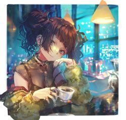 Rule 34 | 1girl, blurry, breasts, brown hair, city, city lights, cityscape, cleavage, closed mouth, commentary, cup, depth of field, diagonal bangs, earrings, eyes visible through hair, idolmaster, idolmaster shiny colors, indoors, jewelry, looking at viewer, nail polish, night, reflection, ring, roki (0214278), solo, symbol-only commentary, tagme, tanaka mamimi, tea, teacup