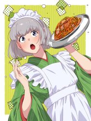 Rule 34 | 1girl, apron, commentary request, edomon-do, green kimono, grey eyes, grey hair, highres, holding, holding tray, japanese clothes, kasumi (mona lisa no zaregoto), kimono, long sleeves, maid, maid apron, maid headdress, mona lisa no zaregoto, napolitan, open mouth, plate, short hair, solo, teeth, tray, upper teeth only, wide sleeves