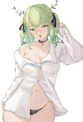 Rule 34 | 1girl, absurdres, antlers, black choker, black panties, branch, breasts, ceres fauna, choker, chyraliss, flower, glasses, gluteal fold, green hair, hair flower, hair ornament, hair ribbon, heart, heart-shaped pupils, highres, hololive, hololive english, horns, large breasts, leaf, long hair, naked shirt, navel, open mouth, panties, partially unbuttoned, ribbon, shirt, simple background, single bare shoulder, solo, stomach, symbol-shaped pupils, tongue, tongue out, two side up, underwear, virtual youtuber, wavy hair, white background, white shirt, yellow eyes