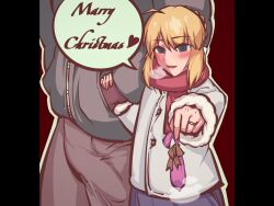 Rule 34 | 1boy, 1girl, ahoge, artoria pendragon (all), artoria pendragon (fate), black background, blonde hair, blush, christmas, coat, commentary, commentary request, condom, da ba, dark-skinned male, dark skin, dress, english commentary, english text, fate/stay night, fate (series), fur-trimmed coat, fur trim, green eyes, heart, highres, holding, holding condom, hood, jewelry, long sleeves, looking at viewer, netorare, netorase, red background, ring, saber (fate), smile, speech bubble, steaming body, used condom, wedding ring, white coat