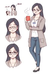 Rule 34 | 2girls, black eyes, black hair, blue pants, breasts, brown coat, butter spoon, closed eyes, coat, commentary, cup, earrings, english commentary, glasses, highres, holding, holding cup, id card, jewelry, katherine (olverse), lanyard, large breasts, long hair, mug, multiple girls, olverse, original, pants, ponytail, shirt, smile, white shirt