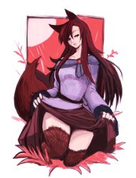 Rule 34 | 1girl, animal ears, bad id, bad pixiv id, brooch, brown eyes, brown hair, brown skirt, clothes lift, dress, full body, hairy legs, hoshitetsu ringo, imaizumi kagerou, jewelry, kneeling, long hair, looking at viewer, simple background, skirt, skirt hold, skirt lift, solo, tail, touhou, white background, wolf ears, wolf tail
