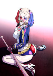 Rule 34 | 1girl, artist request, ass, baseball bat, batman (series), blonde hair, blue eyes, blue hair, boots, breasts, colored tips, curvy, dc comics, harley quinn, high heel boots, high heels, highres, huge ass, lipstick, long hair, looking back, makeup, matching hair/eyes, multicolored hair, naughty face, short shorts, shorts, sitting, smile, solo, suicide squad, twintails