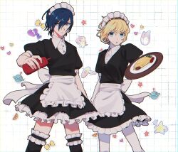 Rule 34 | 1boy, 1girl, :o, aegis (persona), alternate costume, apron, arm at side, back bow, bandaid, black dress, black thighhighs, blonde hair, blue eyes, blue hair, bottle, bow, broken heart, chromatic aberration, closed mouth, collared dress, cowboy shot, crossdressing, dress, elulit2, enmaided, food, frilled apron, frilled dress, frilled thighhighs, frills, fruit, grey eyes, grid background, hair between eyes, heart, highres, holding, holding bottle, holding tray, ketchup, ketchup bottle, looking at viewer, maid, maid apron, maid headdress, male maid, omelet, omurice, open mouth, orange (fruit), orange slice, persona, persona 3, plate, puffy short sleeves, puffy sleeves, sausage, serious, short hair, short sleeves, simple background, star (symbol), sticker, thighhighs, tomato, tomato slice, tray, unicorn, waist apron, white apron, white background, white bow, wing collar, yellow bow, yuuki makoto (persona 3)