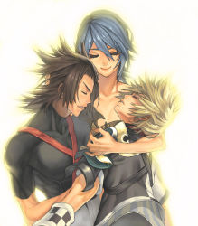 Rule 34 | 1girl, 2boys, aqua (kingdom hearts), aqua hair, arm around back, bisexual male, blonde hair, blue hair, brown hair, clothed male nude female, collarbone, eyelashes, closed eyes, group hug, hand on head, hug, kingdom hearts, kingdom hearts birth by sleep, multiple boys, muscular, nude, parted lips, smile, terra (kingdom hearts), umadaisuki, ventus (kingdom hearts)