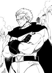 Rule 34 | 1boy, bans, belt, biceps, cape, closed mouth, commentary, cross scar, crossed arms, dragon ball, dragonball z, facial scar, gloves, greyscale, highres, looking to the side, male focus, monochrome, muscular, pants, parody, pectorals, scar, scar across eye, scar on cheek, scar on face, serious, short hair, solo, spiked hair, standing, style parody, toriyama akira (style), tree, tukiwani, ur ken north, virtual youtuber
