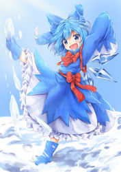 Rule 34 | 1girl, :d, absurdres, akiteru (akiteru98), blue dress, blue eyes, blue footwear, blue hair, blue ribbon, blue sky, blush, boots, cirno, commentary, day, dress, hair ribbon, highres, kicking, long sleeves, looking at viewer, motion blur, neck ribbon, open mouth, outdoors, red ribbon, ribbon, rubber boots, short hair, sky, sleeves past fingers, sleeves past wrists, smile, snow, solo, touhou