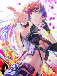 Rule 34 | 1girl, absurdres, belt, belt pouch, black gloves, blonde hair, blue hair, breasts, clothing cutout, fingerless gloves, gloves, green eyes, hand on own face, highres, large breasts, long hair, looking at viewer, multicolored hair, nababa, navel, original, outstretched arm, parted lips, pink hair, pointing, pointing at viewer, pouch, revealing clothes, single glove, smile, solo, stomach, striped, striped background, underboob, underboob cutout, underwear, very long hair, wristband