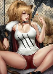 Rule 34 | 1girl, animal ears, arknights, artist name, black choker, black jacket, blonde hair, breasts, brown hair, candy, chain-link fence, choker, collarbone, cutoffs, fence, food, fur-trimmed jacket, fur trim, highres, holding, holding candy, holding food, holding lollipop, jacket, large breasts, lion, lion ears, lion girl, lion tail, lips, lollipop, long hair, looking at viewer, ponytail, red shorts, sciamano240, shirt, short shorts, shorts, siege (arknights), sitting, solo, spread legs, studded choker, tail, tank top, war hammer, weapon, white shirt, white tank top