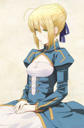 Rule 34 | 1girl, ahoge, artoria pendragon (all), artoria pendragon (fate), blonde hair, blue dress, braid, breasts, cleavage cutout, clothing cutout, dress, fate/stay night, fate (series), french braid, green eyes, hair between eyes, hair ribbon, highres, juliet sleeves, long sleeves, parted lips, puffy sleeves, ribbon, saber (fate), short hair, sidelocks, sitting, small breasts, solo, tsukumo (soar99)