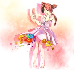 Rule 34 | 1girl, breasts, cellphone, closed eyes, dress, female focus, flower, full body, gradient background, miko nakadai, multicolored hair, phone, plant, solo, transformers, transformers prime, twintails, white background