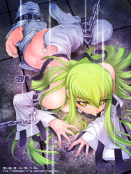 Rule 34 | 00s, 1girl, ass, bdsm, bondage, bound, breasts, butt crack, c.c., chain, code geass, feet, gag, gagged, green hair, kusano kouichi, long sleeves, lying, medium breasts, nipples, on floor, open clothes, soles, solo, straitjacket, strap, undressing, yellow eyes, zipper