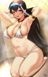 Rule 34 | 1girl, armlet, armpits, arms behind head, bead necklace, beads, bikini, blush, breasts, brown hair, earrings, fate/grand order, fate (series), hands in hair, highres, hoop earrings, jewelry, kisaragi tsurugi, large breasts, long hair, looking at viewer, multi-strapped bikini, navel, necklace, purple eyes, seiza, shiny skin, signature, sitting, solo, sweat, swimsuit, xuangzang sanzang (fate)