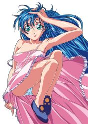 Rule 34 | 1girl, arm up, blue footwear, blue hair, breasts, comic colorful bee, covered erect nipples, dress, gotou keiji, green eyes, hand on own head, long hair, looking at viewer, medium breasts, non-web source, panties, pantyshot, photoshop (medium), pink dress, simple background, smile, solo, spaghetti strap, strap slip, underwear, white background, white panties
