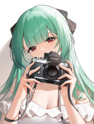 Rule 34 | 1girl, absurdres, bare shoulders, black ribbon, blunt bangs, breasts, camera, cleavage, covered mouth, eyelashes, frilled shirt, frills, hair ribbon, hands up, highres, holding, holding camera, long hair, looking at viewer, mole, mole on breast, nikon (company), off-shoulder shirt, off shoulder, original, product placement, red eyes, ribbon, shirt, simple background, solo, upper body, white background, white shirt, youx