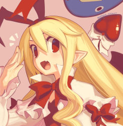 Rule 34 | 1girl, :d, blonde hair, boa (brianoa), bow, bow hairband, bowtie, demon tail, disgaea, earrings, fang, flonne, hair between eyes, hair bow, hairband, hand up, highres, jewelry, long hair, long sleeves, looking at viewer, makai senki disgaea, open mouth, pink background, pointy ears, prinny, red bow, red bowtie, red hairband, salute, smile, solo focus, tail, tail bow, tail ornament, twitter username, white bow