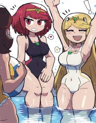 Rule 34 | 3girls, absurdres, arms up, ass, bare shoulders, black one-piece swimsuit, blonde hair, breasts, cleavage, closed eyes, collarbone, covered navel, curvy, earrings, eyelashes, female focus, flower earrings, grin, headgear, highres, in water, jewelry, large breasts, looking at viewer, mario (series), matching hair/eyes, multiple girls, mythra (xenoblade), nintendo, one-piece swimsuit, open mouth, princess daisy, pyra (xenoblade), red eyes, red hair, shiny skin, sitting, smile, standing, super smash bros., swimsuit, teeth, thick thighs, thighs, tony welt, upper teeth only, wet, white background, white one-piece swimsuit, wide hips, xenoblade chronicles (series), xenoblade chronicles 2