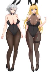 Rule 34 | 2girls, absurdres, alternate costume, animal ears, ankle strap, azur lane, black footwear, black leotard, black pantyhose, blonde hair, blue eyes, bodystocking, breasts, cameltoe, center opening, chuer 722, cleavage, covered navel, curvy, detached collar, fake animal ears, full body, grey hair, high heels, highleg, highleg leotard, highres, huge breasts, leotard, long hair, looking at viewer, makeup, multiple girls, north carolina (azur lane), pantyhose, parted lips, playboy bunny, rabbit ears, red lips, see-through, shoes, short hair, simple background, standing, strapless, strapless leotard, thigh gap, thigh strap, undersized breast cup, washington (azur lane), white background