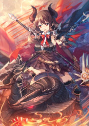 Rule 34 | 1girl, black thighhighs, breasts, brown eyes, brown hair, craytm, dragon, draph, dual wielding, elbow gloves, forte (shingeki no bahamut), gloves, granblue fantasy, highres, holding, horns, large breasts, long hair, open mouth, pointy ears, polearm, riding, shingeki no bahamut, skirt, solo, thighhighs, weapon