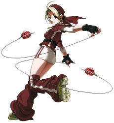 Rule 34 | 1girl, \m/, antenna hair, bandana, belt, blade, blonde hair, dual wielding, earrings, falcoon, fingerless gloves, from behind, full body, gloves, holding, hoop earrings, jewelry, leg up, looking back, malin (kof), miniskirt, necklace, official art, pencil skirt, pendant, shoe soles, shoes, short hair, simple background, skirt, smile, sneakers, snk, solo, standing, standing on one leg, striped, the king of fighters, the king of fighters 2003, thighhighs, weapon, yo-yo