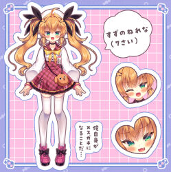 Rule 34 | 1girl, :d, ;d, ahoge, animal bag, bag, black ribbon, blonde hair, blush, boots, border, bow, commentary request, fang, hair intakes, hair ornament, hair ribbon, hairclip, heart, indie virtual youtuber, long hair, long sleeves, multiple views, one eye closed, open mouth, outline, pink background, pink footwear, pink sailor collar, pink skirt, plaid, plaid sailor collar, plaid skirt, pleated skirt, puffy long sleeves, puffy sleeves, purple border, ribbon, sailor collar, shirt, shoulder bag, skirt, sleeves past wrists, smile, standing, suzunone rena, suzunone rena (vtuber), thighhighs, thighhighs under boots, translation request, twintails, very long hair, virtual youtuber, white outline, white shirt, white thighhighs, yellow bow