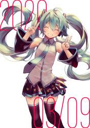 Rule 34 | 1girl, 39, 2020, ^ ^, absurdly long hair, aqua hair, aqua necktie, artist name, artist request, bare shoulders, black skirt, black sleeves, black thighhighs, blue hair, blue nails, blue necktie, blush, breasts, clenched teeth, closed eyes, collared shirt, commentary, curly hair, dated, detached sleeves, dot nose, double v, feet out of frame, female focus, fingernails, flat chest, floating hair, grin, hair between eyes, hair ornament, hatsune miku, head tilt, headphones, headset, kyou-chan, long hair, long sleeves, looking at viewer, nail polish, nails, necktie, parted lips, pleated skirt, shirt, sidelocks, simple background, skirt, sleeveless, sleeveless shirt, sleeves past fingers, sleeves past wrists, small breasts, smile, solo, standing, teeth, thighhighs, twintails, v, very long hair, vocaloid, white background, white shirt, zettai ryouiki