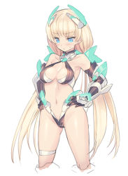 Rule 34 | 1girl, adapted costume, angela balzac, armor, bikini, blade (galaxist), blonde hair, blue eyes, blush, breasts, cleavage, cropped legs, greaves, groin, hands on own hips, long hair, low twintails, navel, rakuen tsuihou, simple background, solo, sweatdrop, swimsuit, twintails, white background