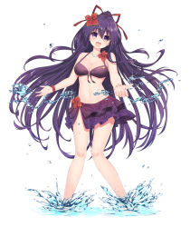 Rule 34 | 1girl, :d, bare shoulders, bikini, bikini skirt, black ribbon, blush, breasts, character name, commentary, commentary request, date a live, flower, front-tie top, hair between eyes, hair flower, hair ornament, hair ribbon, highres, long hair, looking at viewer, medium breasts, multicolored eyes, navel, neps-l, open mouth, ponytail, purple bikini, purple eyes, purple hair, red flower, red ribbon, ribbon, sarong, see-through, simple background, smile, solo, splashing, standing, swimsuit, very long hair, wading, water, white background, yatogami tooka, yellow eyes