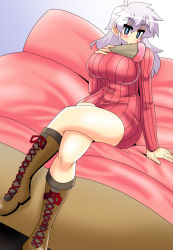 Rule 34 | 1girl, akasode (tyaramu), bakusou kyoudai let&#039;s &amp; go!!, blue eyes, boots, bottomless, breasts, couch, curvy, grey hair, highres, huge breasts, janet sturlson, crossed legs, long hair, looking at viewer, on couch, ribbed sweater, smile, solo, sweater