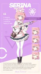 Rule 34 | 1girl, absurdres, assault rifle, bag, blue archive, boots, bullpup, character name, character sheet, full body, gun, halo, handbag, highres, holding, holding gun, holding weapon, jacket, l85, official art, one side up, pantyhose, pink eyes, pink hair, pleated skirt, rifle, ronopu, school uniform, scope, serafuku, serina (blue archive), skirt, smile, solo, standing, weapon, white pantyhose