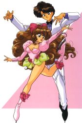 Rule 34 | 1980s (style), 1boy, 1girl, arms up, black eyes, blue eyes, bow, bowtie, breasts, choker, cleavage, curly hair, figure skater, figure skating, figure skating dress, hair bow, highres, ice skates, juliet sleeves, leg up, leotard, long hair, long sleeves, official art, oldschool, open mouth, puffy sleeves, ranma 1/2, retro artstyle, sanzenin mikado, shiratori azusa, skates, tuxedo