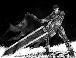 Rule 34 | 1boy, armor, azure meraki, berserk, closed mouth, dragonslayer (sword), fighting stance, floating cape, greyscale, guts (berserk), highres, holding, holding sword, holding weapon, looking at viewer, male focus, armored boots, monochrome, prosthesis, prosthetic arm, sanpaku, short hair, solo, sword, weapon