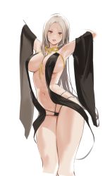 Rule 34 | 1girl, arms up, bare shoulders, bikini, black bikini, blush, breasts, grey hair, hair between eyes, kurumi (recycllamo), large breasts, lips, long hair, looking at viewer, navel, original, parted lips, simple background, solo, standing, stomach, swimsuit, white background, yellow eyes