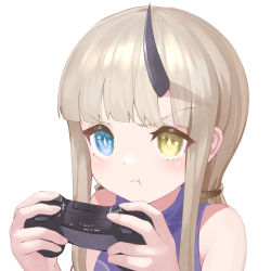 Rule 34 | 1girl, :t, angel, bad id, bad pixiv id, bare shoulders, blonde hair, blue eyes, commentary request, controller, diamond-shaped pupils, diamond (shape), game controller, heterochromia, horns, long hair, original, pout, single horn, solo, symbol-shaped pupils, tsuki-shigure, white background, yellow eyes