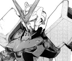 Rule 34 | greyscale, gundam, gundam astray red frame, gundam seed, gundam seed astray, hg ni koisuru futari, highres, kudou makoto, looking down, mecha, mobile suit, monochrome, no humans, robot, science fiction, solo, upper body, white background