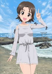 Rule 34 | 10s, 1girl, :d, artist name, beach, blue dress, brown eyes, brown hair, bukkuri, casual, clothing cutout, cloud, cloudy sky, cowboy shot, dated, day, dress, girls und panzer, head tilt, lace, lace-trimmed dress, lace trim, long sleeves, looking at viewer, ocean, open mouth, outdoors, parted bangs, sawa azusa, short dress, short hair, shoulder cutout, signature, sky, smile, solo, splashing, standing, torii, v, waves