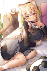 Rule 34 | 1girl, :o, absurdres, amefukura art, animal ear fluff, animal ears, barefoot, blonde hair, blush, breasts, cat ears, cat girl, cat tail, collarbone, fang, hair between eyes, headphones, highres, hololive, long hair, long sleeves, looking at viewer, open mouth, orange eyes, shiranui flare, shiranui flare (street), solo, tail, virtual youtuber