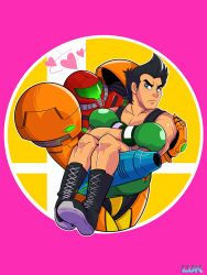 Rule 34 | 1boy, 1girl, armor, black hair, blue eyes, blush, boxing gloves, carrying, crossover, frown, highres, little mac, metroid, nintendo, power armor, power suit, princess carry, punch-out!!, role reversal, samus aran, short hair, super smash bros.
