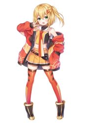 Rule 34 | 1girl, :d, bare shoulders, black footwear, blonde hair, boots, breasts, character request, commentary request, crop top, fang, full body, hair between eyes, hair ornament, hairclip, high heel boots, high heels, highres, jacket, long sleeves, looking at viewer, midriff, mitsuba choco, multicolored necktie, navel, necktie, off shoulder, one side up, onsen musume, open clothes, open jacket, open mouth, orange shirt, orange skirt, pigeon-toed, pleated skirt, puffy long sleeves, puffy sleeves, red jacket, red neckwear, red thighhighs, sailor collar, sengokuhara mikasa, shirt, simple background, skirt, sleeves past wrists, small breasts, smile, solo, standing, thighhighs, v, white background, white sailor collar