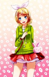 Rule 34 | 1girl, :d, absurdres, arm behind back, bad id, bad pixiv id, blonde hair, blue eyes, blush, cowboy shot, drawstring, gradient background, green hoodie, hair ornament, hair ribbon, heart, heart necklace, highres, hood, hoodie, jewelry, kagamine rin, melancholic (vocaloid), necklace, open mouth, project diva (series), purple eyes, ribbon, short hair, skirt, smile, solo, tsukishiro saika, vocaloid, white ribbon, x hair ornament