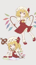 Rule 34 | 2girls, absurdres, ascot, blonde hair, bow, crystal, flandre scarlet, grey background, happiness lilys, hat, hat ribbon, highres, mary janes, mob cap, multiple girls, puffy short sleeves, puffy sleeves, red eyes, red skirt, red vest, ribbon, shirt, shoes, short sleeves, sitting, skirt, skirt set, socks, touhou, vest, white legwear, wings, wrist cuffs
