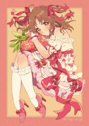 Rule 34 | 1girl, :o, bare shoulders, blush, bow, braid, brown hair, chagi chage, commentary, dress, earrings, fetal position, food, food-themed clothes, food-themed earrings, frills, fruit, full body, gloves, hair ribbon, head tilt, heart, heart print, high heels, highres, idolmaster, idolmaster cinderella girls, jewelry, kneehighs, legwear garter, looking at viewer, lying, medium dress, medium hair, on side, outline, pink dress, puffy short sleeves, puffy sleeves, raised eyebrows, red bow, red footwear, red outline, red ribbon, ribbon, short sleeves, socks, solo, strawberry, totoki airi, twitter username, two side up, white gloves, white socks, yellow background
