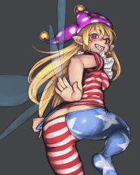 Rule 34 | 1girl, american flag, american flag legwear, american flag print, american flag shirt, ass, bare arms, blonde hair, butt crack, clownpiece, cowboy shot, envenomist (gengoroumaru), fairy wings, fingernails, frilled shirt collar, frills, from behind, grin, hat, highres, jester cap, knee up, leaning forward, long hair, looking at viewer, looking back, neck ruff, pantyhose, pointy ears, print pantyhose, print shirt, purple eyes, sharp fingernails, shirt tug, short sleeves, smile, solo, standing, standing on one leg, star (symbol), star print, striped clothes, striped pantyhose, touhou, wings, wrist extended