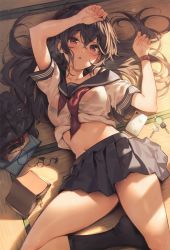 Rule 34 | 1girl, :o, absurdres, arm up, bag, bare shoulders, black hair, black skirt, black socks, book, bra visible through clothes, clothes lift, collarbone, duffel bag, earphones, hair between eyes, hair spread out, hand up, highres, key, long hair, looking at viewer, lying, midriff, miniskirt, navel, neckerchief, notebook, off shoulder, on back, open book, original, parsley-f, parted lips, phone, pleated skirt, red eyes, sailor collar, school uniform, see-through, serafuku, shirt, shirt lift, short sleeves, skirt, socks, solo, sunlight, tatami, thighs, very long hair, watch, wet, wet clothes, wet shirt, white shirt, wristwatch