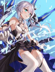 Rule 34 | 1girl, aliceblue, aqua eyes, bare shoulders, blurry, blurry background, blush, commentary, dress, frilled dress, frills, gloves, hair ornament, highres, honkai (series), honkai impact 3rd, layered dress, long hair, multicolored clothes, multicolored dress, side ponytail, sidelocks, signature, silver hair, sleeveless, sleeveless dress, smile, solo, theresa apocalypse, theresa apocalypse (twilight paladin), thighhighs, tongue, tongue out, white gloves, white thighhighs