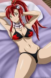 Rule 34 | 1girl, absurdres, arms behind head, arms up, bed, bikini, black bikini, breasts, cleavage, flame print, hair ornament, hair stick, highres, krazykamikaze44, large breasts, long hair, looking at viewer, lying, navel, pink scarf, ponytail, red hair, scarf, skull hair ornament, smile, striped clothes, striped scarf, swimsuit, tengen toppa gurren lagann, yellow eyes, yoko littner