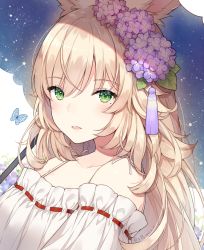 Rule 34 | 1girl, animal, animal ears, ayuanlv, bare shoulders, blonde hair, blush, bug, butterfly, collarbone, dated, dress, final fantasy, final fantasy xiv, flower, green eyes, hair between eyes, hair flower, hair ornament, highres, insect, long hair, looking at viewer, mole, mole under eye, off-shoulder dress, off shoulder, parted lips, purple flower, ribbon-trimmed dress, ribbon trim, signature, solo, starry sky print, umbrella, upper body, viera, warrior of light (ff14), white dress