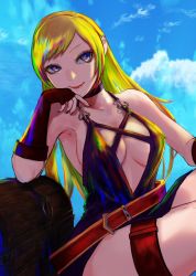 Rule 34 | 1girl, armpits, bare shoulders, belt, blonde hair, blue sky, breasts, cleavage, cloud, dress, fatal fury, fingerless gloves, gloves, highres, jenet behrn, large breasts, long hair, looking to the side, purple dress, sitting, sky, sleeveless, the king of fighters, thigh strap, thighs, yuu (primenumber7)
